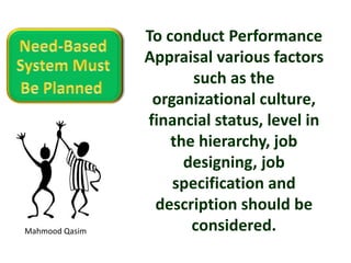 Mahmood Qasim
To conduct Performance
Appraisal various factors
such as the
organizational culture,
financial status, level in
the hierarchy, job
designing, job
specification and
description should be
considered.
 