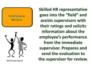 Mahmood Qasim
Skilled HR representative
goes into the “field” and
assists supervisors with
their ratings and solicits
information about the
employee’s performance
from the immediate
supervisor. Prepares and
send the evaluation to
the supervisor for review.
 