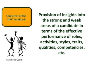 Mahmood Qasim
Provision of insights into
the strong and weak
areas of a candidate in
terms of the effective
performance of roles,
activities, styles, traits,
qualities, competencies,
etc.
 
