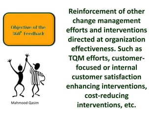 Mahmood Qasim
Reinforcement of other
change management
efforts and interventions
directed at organization
effectiveness. Such as
TQM efforts, customer-
focused or internal
customer satisfaction
enhancing interventions,
cost-reducing
interventions, etc.
 
