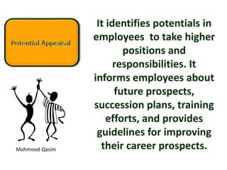 Mahmood Qasim
It identifies potentials in
employees to take higher
positions and
responsibilities. It
informs employees about
future prospects,
succession plans, training
efforts, and provides
guidelines for improving
their career prospects.
 