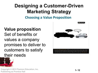 1- 12Copyright © 2012 Pearson Education, Inc.
Publishing as Prentice Hall
Designing a Customer-Driven
Marketing Strategy
Choosing a Value Proposition
Value proposition
Set of benefits or
values a company
promises to deliver to
customers to satisfy
their needs
 