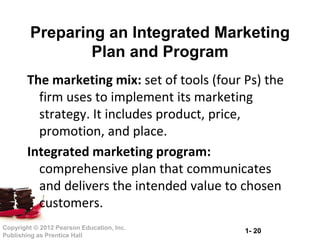 1- 20Copyright © 2012 Pearson Education, Inc.
Publishing as Prentice Hall
The marketing mix: set of tools (four Ps) the
firm uses to implement its marketing
strategy. It includes product, price,
promotion, and place.
Integrated marketing program:
comprehensive plan that communicates
and delivers the intended value to chosen
customers.
Preparing an Integrated Marketing
Plan and Program
 
