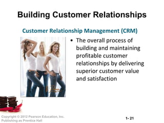 1- 21Copyright © 2012 Pearson Education, Inc.
Publishing as Prentice Hall
Building Customer Relationships
• The overall process of
building and maintaining
profitable customer
relationships by delivering
superior customer value
and satisfaction
Customer Relationship Management (CRM)
 