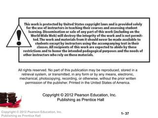 1- 37Copyright © 2012 Pearson Education, Inc.
Publishing as Prentice Hall
All rights reserved. No part of this publication may be reproduced, stored in a
retrieval system, or transmitted, in any form or by any means, electronic,
mechanical, photocopying, recording, or otherwise, without the prior written
permission of the publisher. Printed in the United States of America.
Copyright © 2012 Pearson Education, Inc.
Publishing as Prentice Hall
 