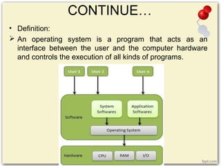 CONTINUE…
• Definition:
 An operating system is a program that acts as an
interface between the user and the computer hardware
and controls the execution of all kinds of programs.
 