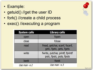 • Example:
• getuid() //get the user ID
• fork() //create a child process
• exec() //executing a program
 