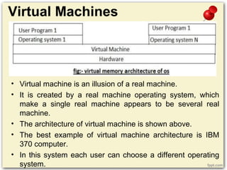 Virtual Machines
• Virtual machine is an illusion of a real machine.
• It is created by a real machine operating system, which
make a single real machine appears to be several real
machine.
• The architecture of virtual machine is shown above.
• The best example of virtual machine architecture is IBM
370 computer.
• In this system each user can choose a different operating
system.
 