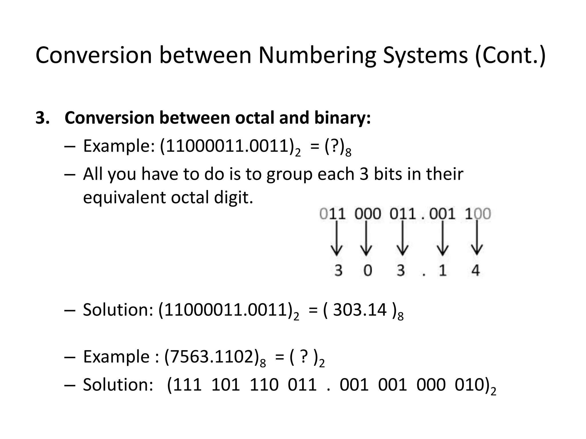 Conversion between Numbering Systems (Cont.)
3. Conversion between octal and binary:
– Example: (11000011.0011)2 = (?)8
– All you have to do is to group each 3 bits in their
equivalent octal digit.
– Solution: (11000011.0011)2 = ( 303.14 )8
– Example : (7563.1102)8 = ( ? )2
– Solution: (111 101 110 011 . 001 001 000 010)2
 