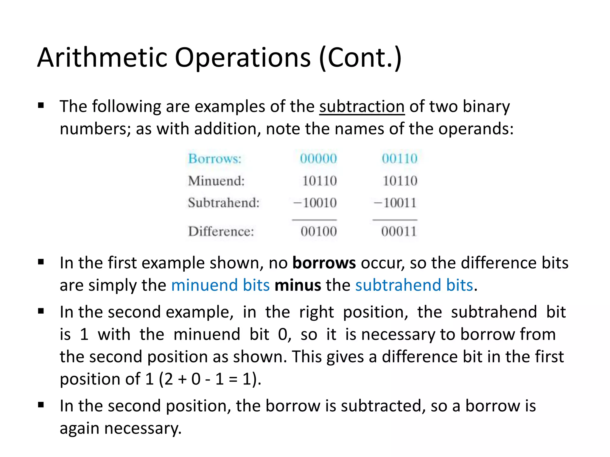 Arithmetic Operations (Cont.)
 The following are examples of the subtraction of two binary
numbers; as with addition, note the names of the operands:
 In the first example shown, no borrows occur, so the difference bits
are simply the minuend bits minus the subtrahend bits.
 In the second example, in the right position, the subtrahend bit
is 1 with the minuend bit 0, so it is necessary to borrow from
the second position as shown. This gives a difference bit in the first
position of 1 (2 + 0 - 1 = 1).
 In the second position, the borrow is subtracted, so a borrow is
again necessary.
 