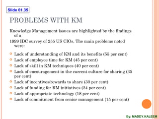 Slide 01.35
PROBLEMS WITH KM
Knowledge Management issues are highlighted by the findings
of a
1999 IDC survey of 255 US CIOs. The main problems noted
were:
 Lack of understanding of KM and its benefits (55 per cent)
 Lack of employee time for KM (45 per cent)
 Lack of skill in KM techniques (40 per cent)
 Lack of encouragement in the current culture for sharing (35
per cent)
 Lack of incentives/rewards to share (30 per cent)
 Lack of funding for KM initiatives (24 per cent)
 Lack of appropriate technology (18 per cent)
 Lack of commitment from senior management (15 per cent)
By: MADDY.KALEEM
 