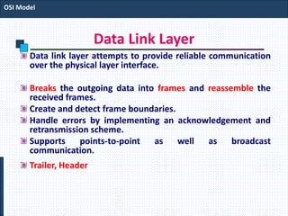 Data Link Layer
Data link layer attempts to provide reliable communication
over the physical layer interface.
Breaks the outgoing data into frames and reassemble the
received frames.
Create and detect frame boundaries.
Handle errors by implementing an acknowledgement and
retransmission scheme.
Supports points-to-point as well as broadcast
communication.
Trailer, Header
OSI Model
 