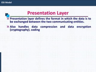 Presentation Layer
Presentation layer defines the format in which the data is to
be exchanged between the two communicating entities.
Also handles data compression and data encryption
(cryptography). coding
OSI Model
 