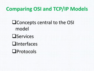 Comparing OSI and TCP/IP Models
Concepts central to the OSI
model
Services
Interfaces
Protocols
 