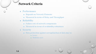 1.6
Network Criteria
 Performance
 Depends on Network Elements
 Measured in terms of Delay and Throughput
 Reliability
 Failure rate of network components
 Measured in terms of availability/robustness
 Security
 Data protection against corruption/loss of data due to:
 Errors
 Malicious users
 