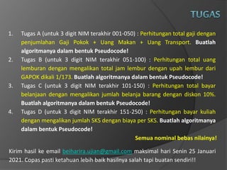 1. Tugas A (untuk 3 digit NIM terakhir 001-050) : Perhitungan total gaji dengan
penjumlahan Gaji Pokok + Uang Makan + Uang Transport. Buatlah
algoritmanya dalam bentuk Pseudocode!
2. Tugas B (untuk 3 digit NIM terakhir 051-100) : Perhitungan total uang
lemburan dengan mengalikan total jam lembur dengan upah lembur dari
GAPOK dikali 1/173. Buatlah algoritmanya dalam bentuk Pseudocode!
3. Tugas C (untuk 3 digit NIM terakhir 101-150) : Perhitungan total bayar
belanjaan dengan mengalikan jumlah belanja barang dengan diskon 10%.
Buatlah algoritmanya dalam bentuk Pseudocode!
4. Tugas D (untuk 3 digit NIM terakhir 151-250) : Perhitungan bayar kuliah
dengan mengalikan jumlah SKS dengan biaya per SKS. Buatlah algoritmanya
dalam bentuk Pseudocode!
Kirim hasil ke email beiharira.ujian@gmail.com maksimal hari Senin 25 Januari
2021. Copas pasti ketahuan lebih baik hasilnya salah tapi buatan sendiri!!
Semua nominal bebas nilainya!
 