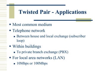 Twisted Pair - Applications
 Most common medium
 Telephone network
 Between house and local exchange (subscriber
loop)
 Within buildings
 To private branch exchange (PBX)
 For local area networks (LAN)
 10Mbps or 100Mbps
 