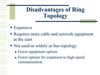 Disadvantages of Ring
Topology
 Expensive
 Requires more cable and network equipment
at the start
 Not used as widely as bus topology
 Fewer equipment options
 Fewer options for expansion to high-speed
communication
 