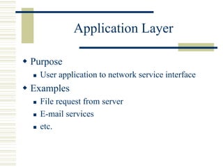 Application Layer
 Purpose
 User application to network service interface
 Examples
 File request from server
 E-mail services
 etc.
 