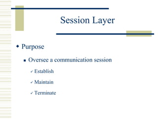 Session Layer
 Purpose
 Oversee a communication session
 Establish
 Maintain
 Terminate
 
