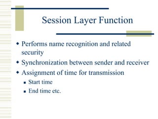 Session Layer Function
 Performs name recognition and related
security
 Synchronization between sender and receiver
 Assignment of time for transmission
 Start time
 End time etc.
 