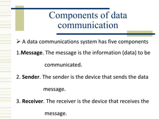 Components of data
communication
 A data communications system has five components
1.Message. The message is the information (data) to be
communicated.
2. Sender. The sender is the device that sends the data
message.
3. Receiver. The receiver is the device that receives the
message.
 