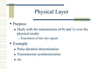 Physical Layer
 Purpose
 Deals with the transmission of 0s and 1s over the
physical media
 Translation of bits into signals
 Example
 Pulse duration determination
 Transmission synchronization
 etc.
 