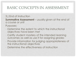 BASIC CONCEPTS IN ASSESSMENT
3.) End of Instruction
Summative Assessment – usually given at the end of
a course or unit
Purposes:
- Determine the extent to which the instructional
objectives have been met
- Certify student mastery of the intended learning
outcomes as well as use it for assigning grades
- Provide information for judging appropriateness of
the instructional objectives
- Determine the effectiveness of instruction
 
