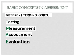 BASIC CONCEPTS IN ASSESSMENT
DIFFERENT TERMINOLOGIES:
 