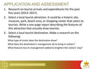 MACRO PERSPECTIVE OF TOURISM AND HOSPITALITY
APPLICATION AND ASSESSMENT
1. Research on tourist arrivals and expenditures for the past
five years (2013–2017).
2. Select a local tourist attraction. It could be a historic site,
museum, park, beach area, or shopping center that caters to
tourists. Write a one-page report describing the features of
this attraction that actually draw tourists.
3. Select a local tourist destination. Make a research on the
following:
What type of visitor does the destination draw?
What does the destination’s management do to bring in visitors?
What features has its management added to lengthen the visitors’ stay?
 
