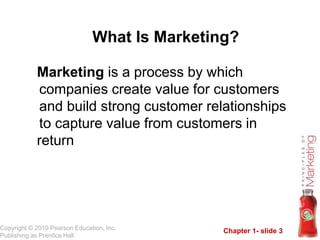 Chapter 1- slide 3
Copyright © 2010 Pearson Education, Inc.
Publishing as Prentice Hall
What Is Marketing?
Marketing is a ...