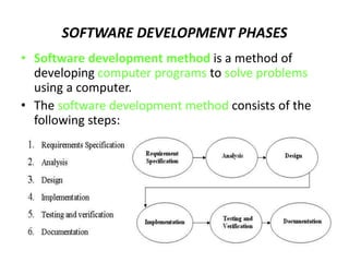 SOFTWARE DEVELOPMENT PHASES
• Software development method is a method of
developing computer programs to solve problems
using a computer.
• The software development method consists of the
following steps:
 