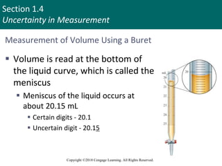 Section 1.4
Uncertainty in Measurement
Copyright ©2018 Cengage Learning. All Rights Reserved.
Measurement of Volume Using a Buret
 Volume is read at the bottom of
the liquid curve, which is called the
meniscus
 Meniscus of the liquid occurs at
about 20.15 mL
 Certain digits - 20.1
 Uncertain digit - 20.15
11
 