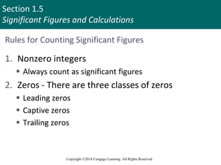 Section 1.5
Significant Figures and Calculations
Copyright ©2018 Cengage Learning. All Rights Reserved.
Rules for Counting Significant Figures
1. Nonzero integers
 Always count as significant figures
2. Zeros - There are three classes of zeros
 Leading zeros
 Captive zeros
 Trailing zeros
28
 