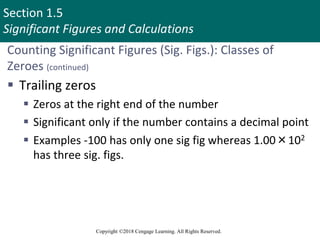 Section 1.5
Significant Figures and Calculations
Copyright ©2018 Cengage Learning. All Rights Reserved.
Counting Significant Figures (Sig. Figs.): Classes of
Zeroes (continued)
 Trailing zeros
 Zeros at the right end of the number
 Significant only if the number contains a decimal point
 Examples -100 has only one sig fig whereas 1.00×102
has three sig. figs.
31
 