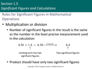 Section 1.5
Significant Figures and Calculations
Copyright ©2018 Cengage Learning. All Rights Reserved.
Rules for Significant Figures in Mathematical
Operations
 Multiplication or division
 Number of significant figures in the result is the same
as the number in the least precise measurement used
in the calculation
 Product should have only two significant figures
corrected
4.56 1.4 6.38 6.4
  

Limiting term has two
significant figures
Two significant figures
36
 