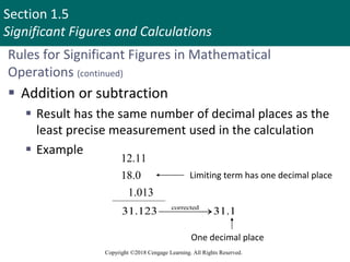 Section 1.5
Significant Figures and Calculations
Copyright ©2018 Cengage Learning. All Rights Reserved.
Rules for Significant Figures in Mathematical
Operations (continued)
 Addition or subtraction
 Result has the same number of decimal places as the
least precise measurement used in the calculation
 Example
12.11
18.0
1.013
Limiting term has one decimal place
corrected
31.123 31.1



One decimal place
37
 