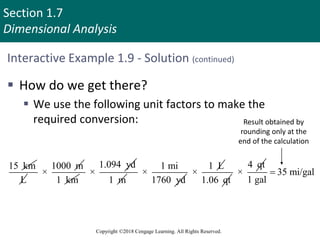 Section 1.7
Dimensional Analysis
Copyright ©2018 Cengage Learning. All Rights Reserved.
Interactive Example 1.9 - Solution (continued)
 How do we get there?
 We use the following unit factors to make the
required conversion:
15 km
L
1000 m
×
1 km
1.094 yd
×
1 m
1 mi
×
1760 yd
1 L
×
1.06 qt
4 qt
× 35 mi/gal
1 gal

Result obtained by
rounding only at the
end of the calculation
 