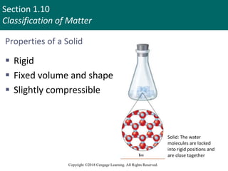 Section 1.10
Classification of Matter
Copyright ©2018 Cengage Learning. All Rights Reserved.
Properties of a Solid
 Rigid
 Fixed volume and shape
 Slightly compressible
Solid: The water
molecules are locked
into rigid positions and
are close together
91
 