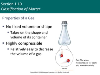 Section 1.10
Classification of Matter
Copyright ©2018 Cengage Learning. All Rights Reserved.
Properties of a Gas
 No fixed volume or shape
 Takes on the shape and
volume of its container
 Highly compressible
 Relatively easy to decrease
the volume of a gas
Gas: The water
molecules are far apart
and move randomly
93
 