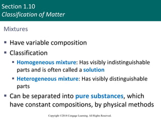 Section 1.10
Classification of Matter
Copyright ©2018 Cengage Learning. All Rights Reserved.
Mixtures
 Have variable composition
 Classification
 Homogeneous mixture: Has visibly indistinguishable
parts and is often called a solution
 Heterogeneous mixture: Has visibly distinguishable
parts
 Can be separated into pure substances, which
have constant compositions, by physical methods
 