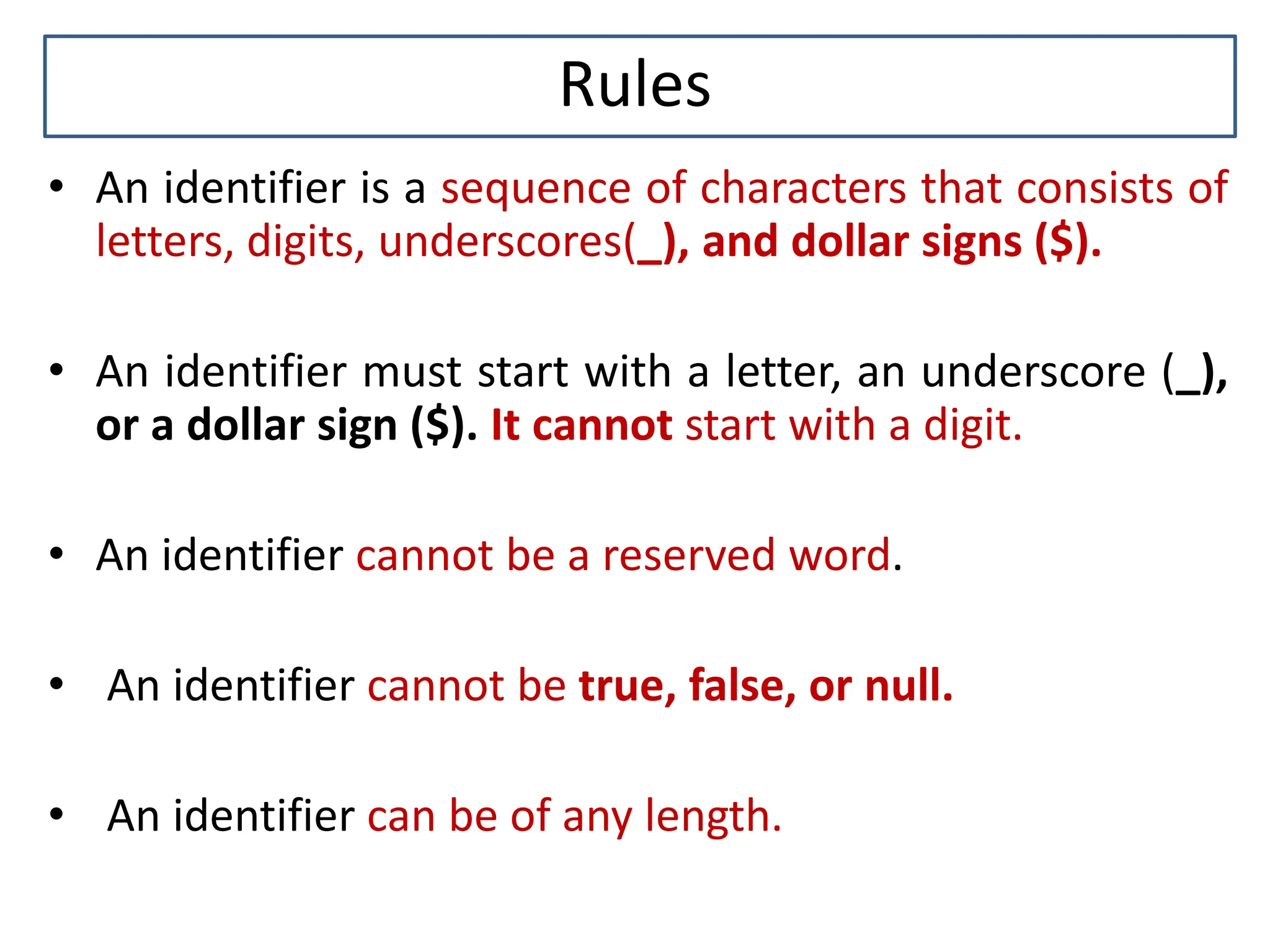 Rules • An identifier is a sequence of characters that consists of letters, digits, underscores(_), and dollar signs ($). • An identifier must start with a letter, an underscore (_), or a dollar sign ($). It cannot start with a digit. • An identifier cannot be a reserved word. • An identifier cannot be true, false, or null. • An identifier can be of any length. 