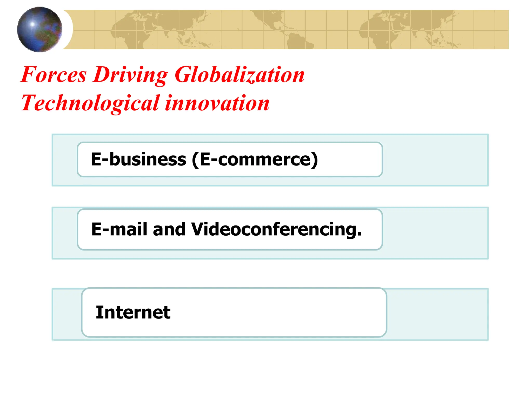 Forces Driving Globalization
Technological innovation
E-business (E-commerce)
E-mail and Videoconferencing.
Internet
 