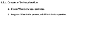 1.2.d. Content of Self-exploration
1. Desire: What is my basic aspiration
2. Program: What is the process to fulfil this basic aspiration
 