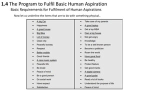 1.4 The Program to Fulfil Basic Human Aspiration
Basic Requirements for Fulfilment of Human Aspirations
Now let us underline the items that are to do with something physical..
 