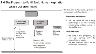 1.4 The Program to Fulfil Basic Human Aspiration
What is Our State Today?
We thus seem to have quite a problem in
our hands on both these fronts:
• Relationship with humans:
 We are unable to have fulfilling
relationships all the time: in family,
outside family, and as a society – in
the world at large
• Physical Facilities:
 We want to feel prosperous, but
end up working only for
accumulation of wealth.
 We want to enrich nature, but are
exploiting it, destroying it
 