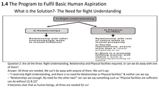 1.4 The Program to Fulfil Basic Human Aspiration
What is the Solution?- The Need for Right Understanding
Question 2: Are all the three: Right Understanding, Relationship and Physical facilities required, or can we do away with one
of them?
Answer: All three are needed. We can’t do away with anyone of them. We can’t say-
– “I need only Right Understanding, and there is no need for Relationships or Physical facilities” & neither can we say
– “Relationships are enough. No need for the other two!” nor can we say something such as “Physical facilities are sufficient. I
can do without [1] & [2]”
It becomes clear that as human beings, all three are needed for us!
 