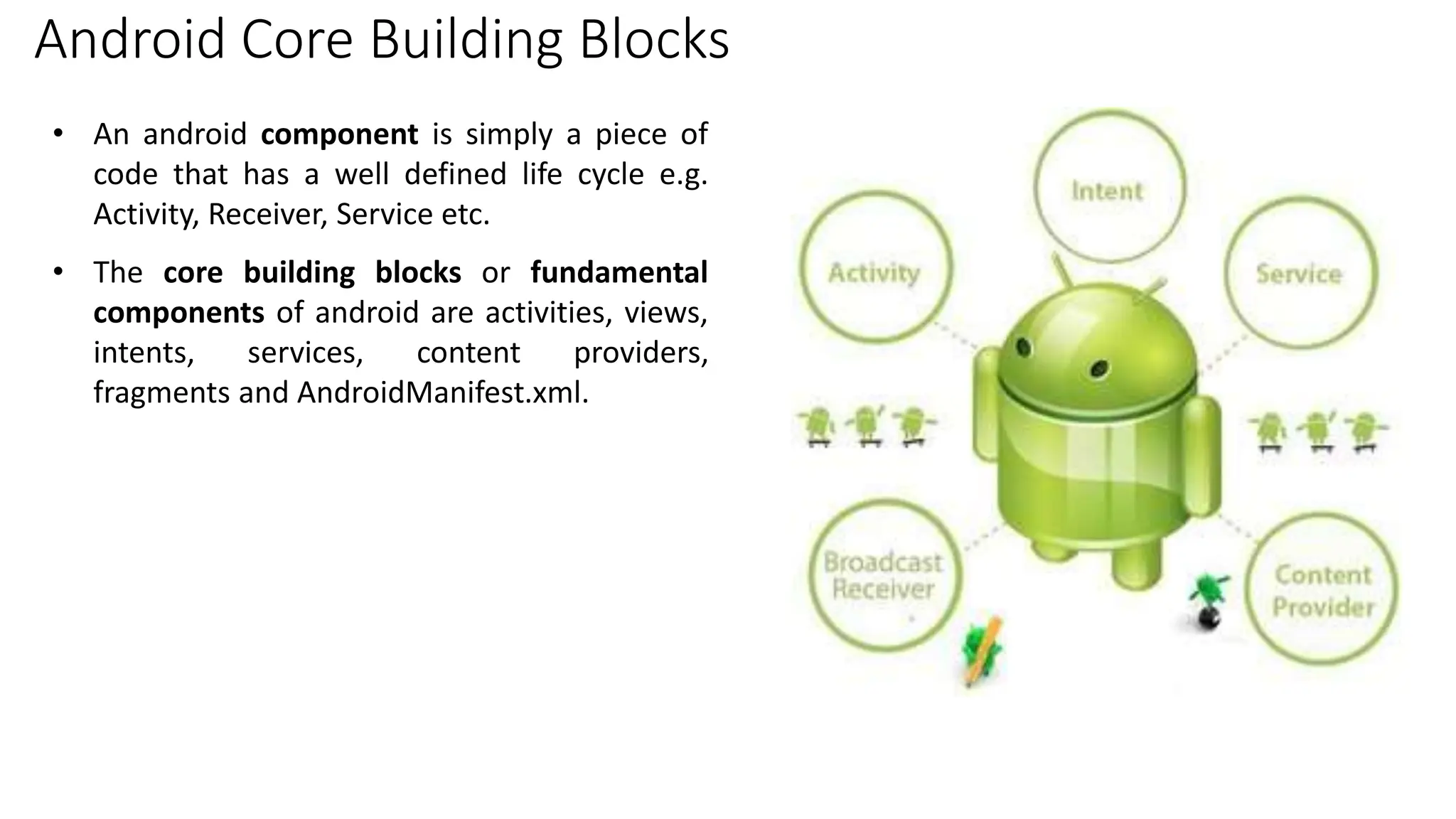 Android Core Building Blocks
• An android component is simply a piece of
code that has a well defined life cycle e.g.
Activity, Receiver, Service etc.
• The core building blocks or fundamental
components of android are activities, views,
intents, services, content providers,
fragments and AndroidManifest.xml.
 