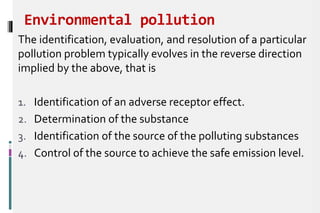 Environmental pollution
The identification, evaluation, and resolution of a particular
pollution problem typically evolves in the reverse direction
implied by the above, that is
1. Identification of an adverse receptor effect.
2. Determination of the substance
3. Identification of the source of the polluting substances
4. Control of the source to achieve the safe emission level.
 