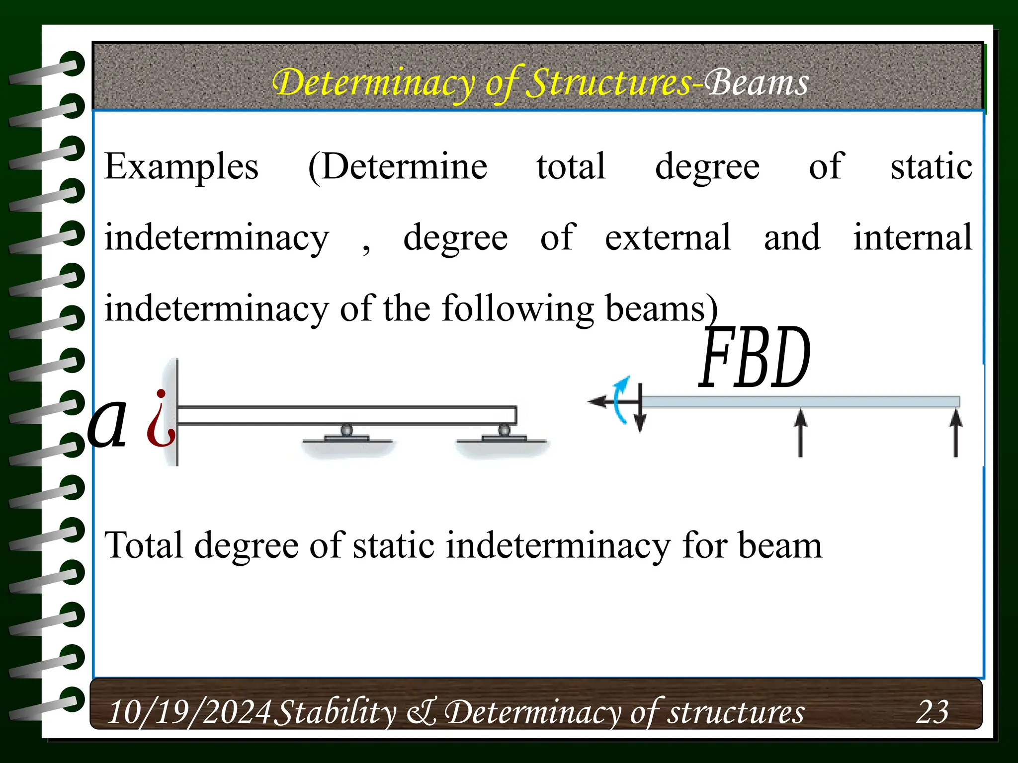 Determinacy of Structures-Beams
Examples (Determine total degree of static
indeterminacy , degree of external and internal
indeterminacy of the following beams)
Total degree of static indeterminacy for beam
10/19/2024 23
Stability & Determinacy of structures
𝑎¿
𝐹𝐵𝐷
 